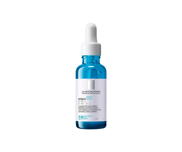 Flaska med La Roche-Posay Hyalu B5 Suractivated Serum, ett fuktgivande serum med hyaluronsyra och vitamin B5.