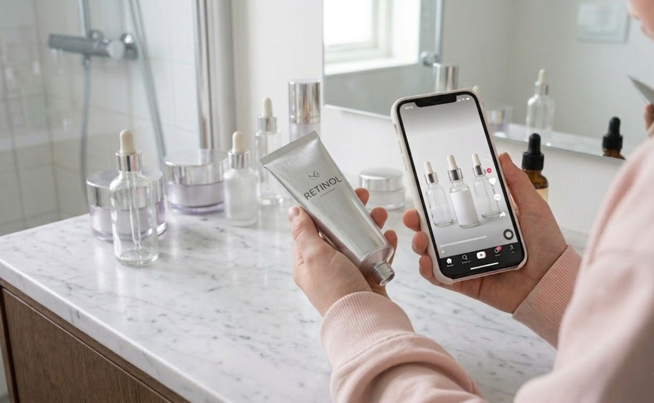 Ung person i en rosa tröja som håller en metallisk retinol-tube och en smartphone med en TikTok-hudvårdsguide på en badrumsbänk.